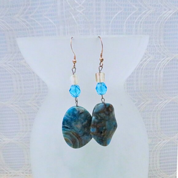 Handmade Blue Crazy Agate Dangle Earrings, Turquoise Blue Boho Drop Earrings - Picture 5 of 6
